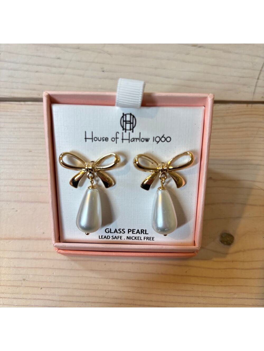 House of Harlow 1960 NWT Women's Gold Bow Glass White Pearl Earrings